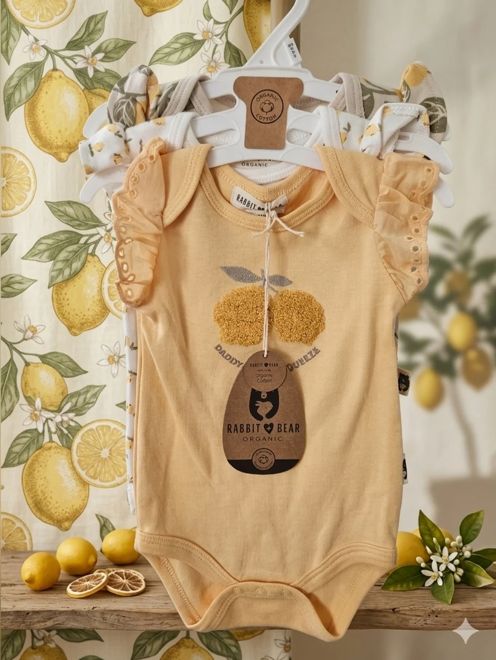 Rabbit Bear 3-Pack Lemon Print Onesies “Daddy’s Main Squeeze” 0-3M NWT